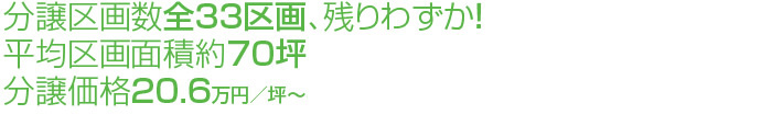 分譲区画数全33区画、残りわずか!平均区画面積約70坪/分譲価格17.0万円/坪~(※2011年6月現在)